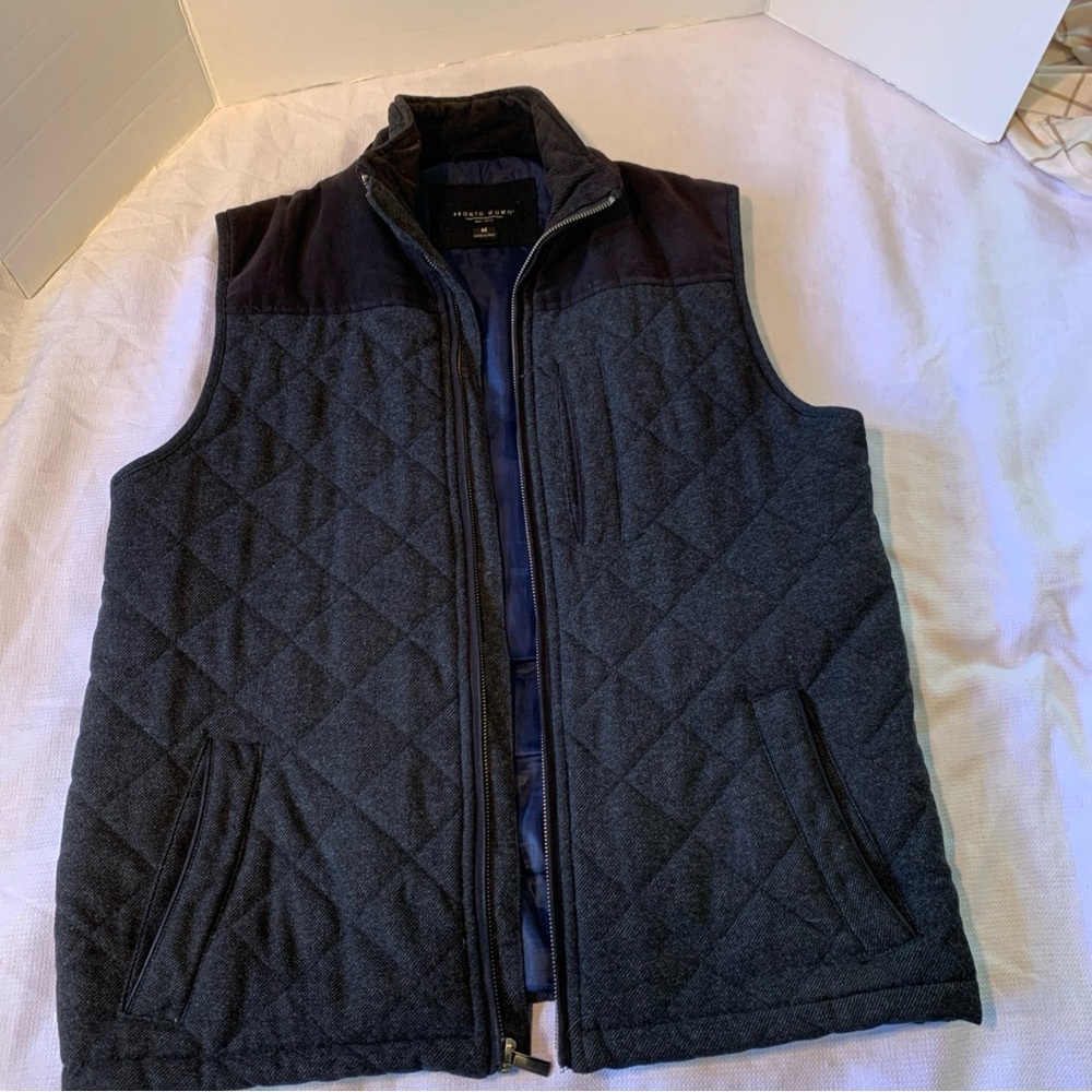 Pronto Uomo Mens Vest Medium Wool Blend Blue BlackSleeveless Front Zip Pockets